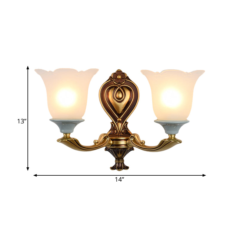 Traditional Flower-Shape Opal Glass Wall Sconce Light Fixture In Brass