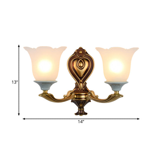 Traditional Flower-Shape Opal Glass Wall Sconce Light Fixture In Brass