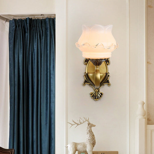 Vintage Curved Arm Brass Wall Lamp With Flower Milk Glass Shade