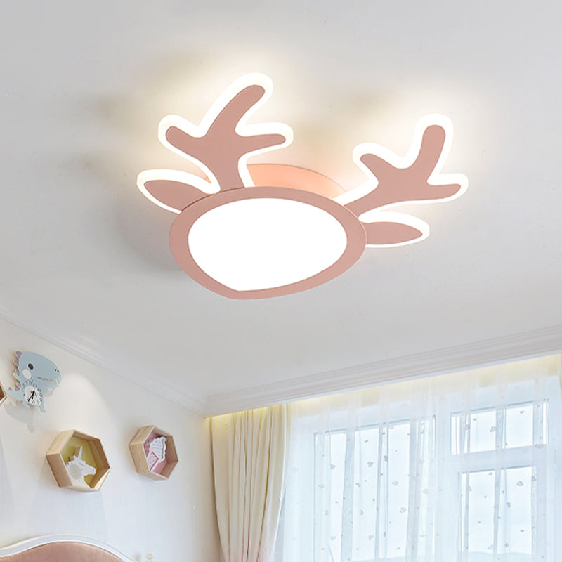 Macaroon Pink/Blue Led Childrens Bedroom Ceiling Light - Antler Iron Flush Mount Lamp Pink