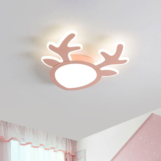 Macaroon Pink/Blue Led Children’s Bedroom Ceiling Light - Antler Iron Flush Mount Lamp