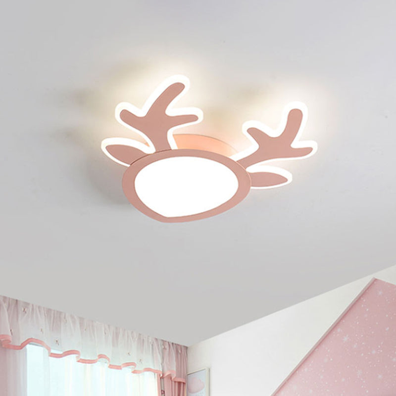 Macaroon Pink/Blue Led Childrens Bedroom Ceiling Light - Antler Iron Flush Mount Lamp