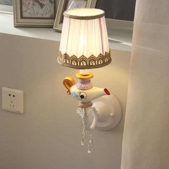 Contemporary White-Gold Teapot Deco Indoor Sconce Light With Barrel Fabric Shade