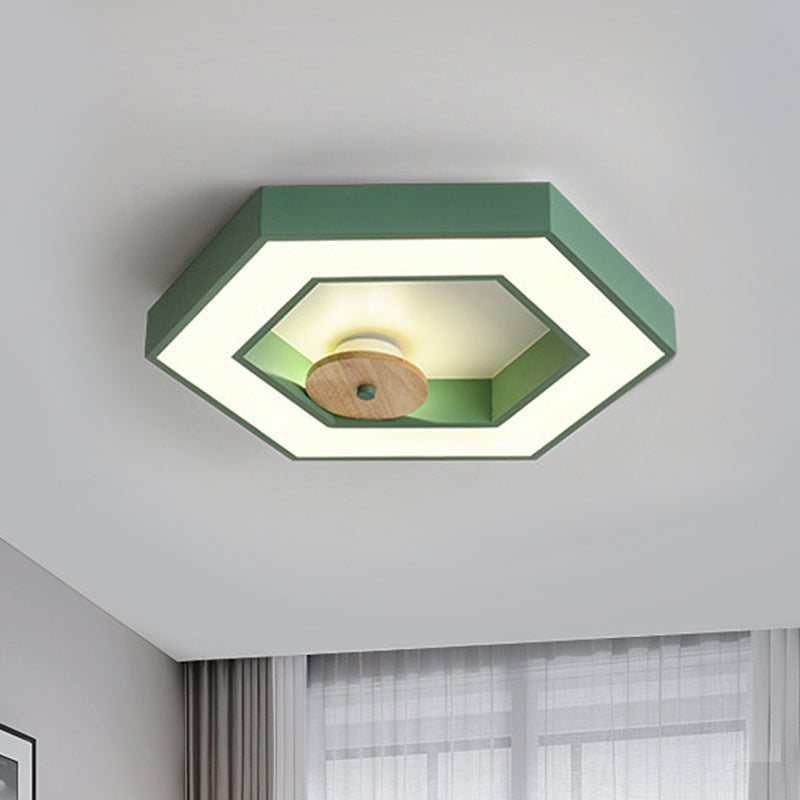 Hexagon Frame Metallic Led Macaron Flush Mount Ceiling Lighting In Green/Grey/Black And Wood For