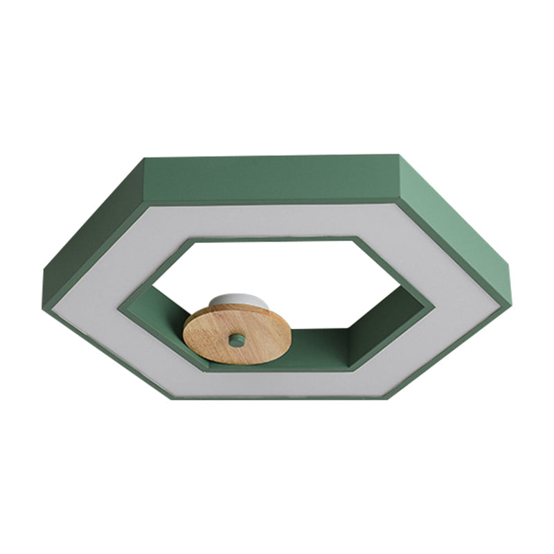 Hexagon Frame Metallic Led Macaron Flush Mount Ceiling Lighting In Green/Grey/Black And Wood For