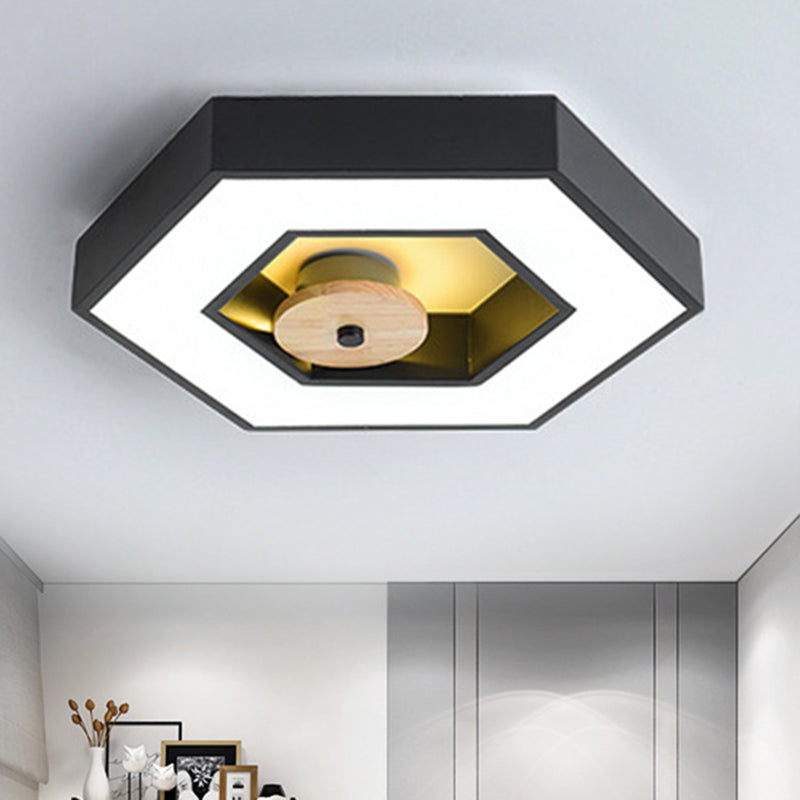 Hexagon Frame Metallic Led Macaron Flush Mount Ceiling Lighting In Green/Grey/Black And Wood For