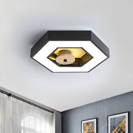 Hexagon Frame Metallic Led Macaron Flush Mount Ceiling Lighting In Green/Grey/Black And Wood For