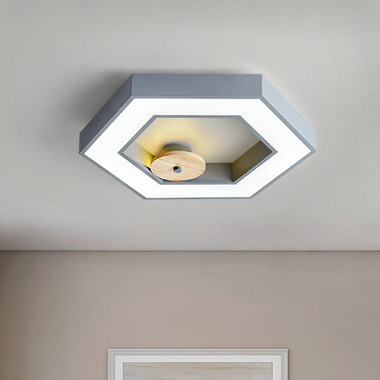 Hexagon Frame Metallic Led Macaron Flush Mount Ceiling Lighting In Green/Grey/Black And Wood For