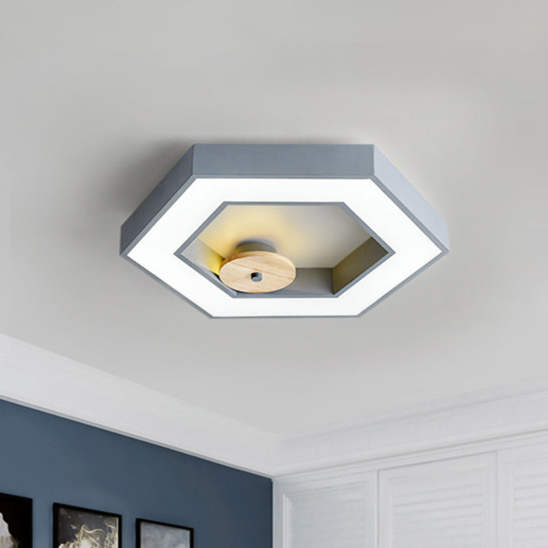 Hexagon Frame Metallic Led Macaron Flush Mount Ceiling Lighting In Green/Grey/Black And Wood For