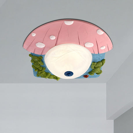 Cartoon Bear Ceiling Mounted Led Flush Light For Kids Rooms - Red/Blue With White Glass Shade