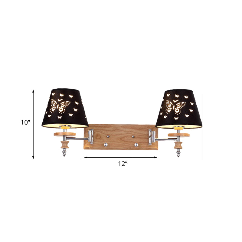 Butterfly-Patterned Wooden Wall Mounted Sconce With Black Barrel Fabric And 1/2 Kid-Friendly Lights