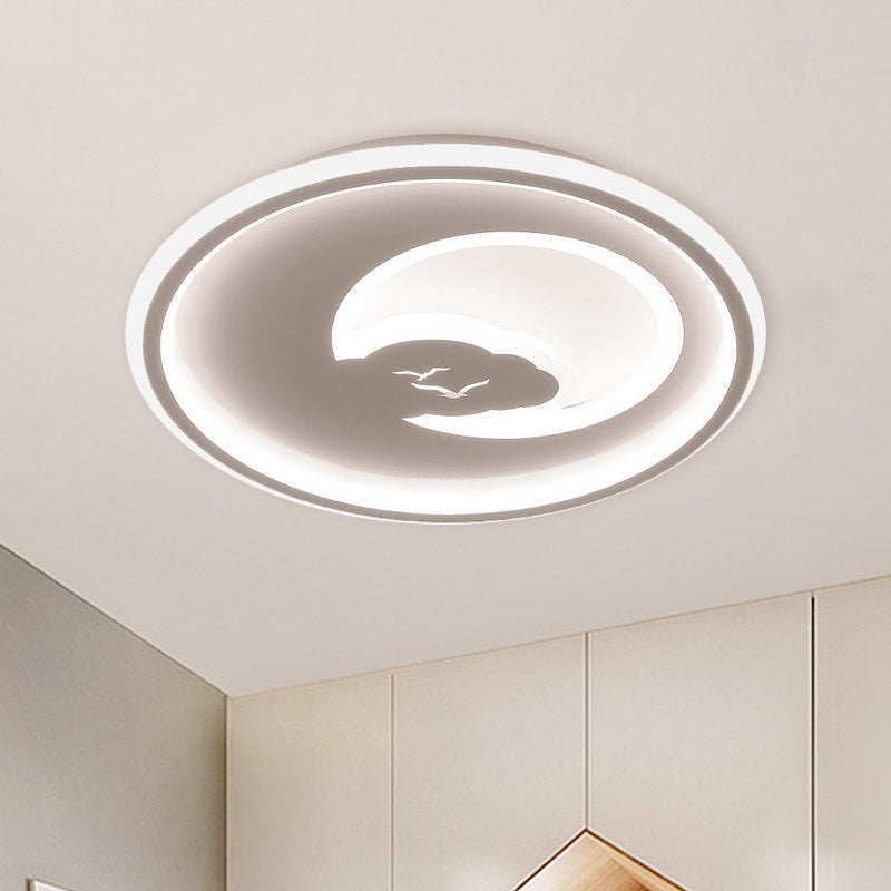 Modern Led Bedroom Light: White/Pink Flush Mount Ceiling Fixture With Moon Acrylic Shade White