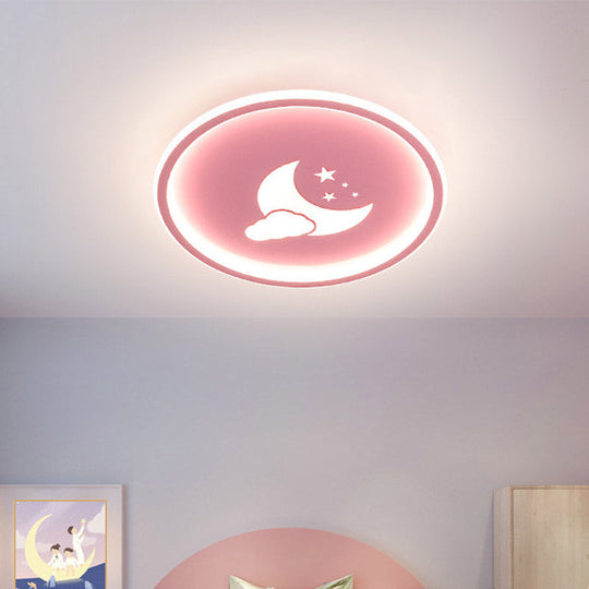 Contemporary Moon And Star Pink/White Round Acrylic Led Ceiling Light