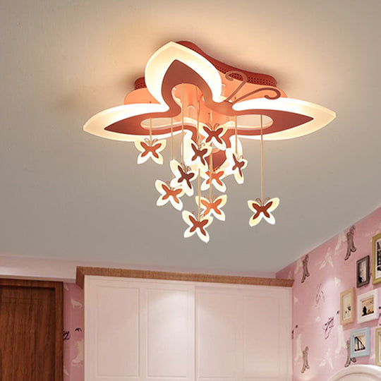 Led Bedroom Flush Light: Pink Ceiling Mounted Fixture With Butterfly Acrylic Shade In Warm/White