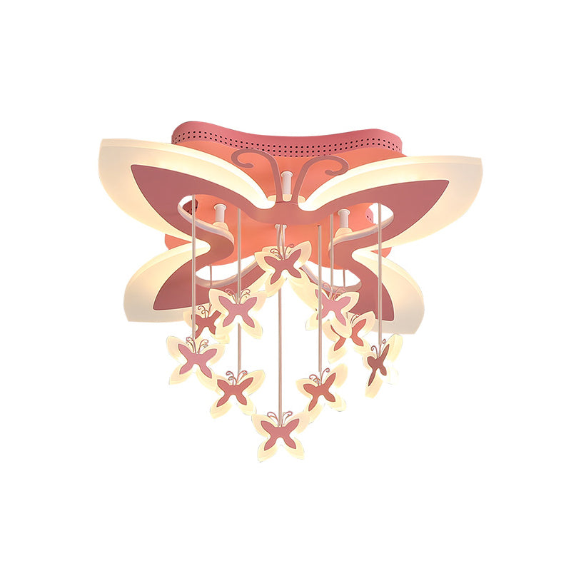 Led Bedroom Flush Light: Pink Ceiling Mounted Fixture With Butterfly Acrylic Shade In Warm/White