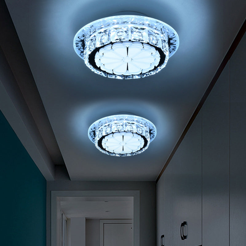 Simple Drum Clear Crystal Flush Mount Lighting With 5 Lights White Acrylic Shade For Corridor