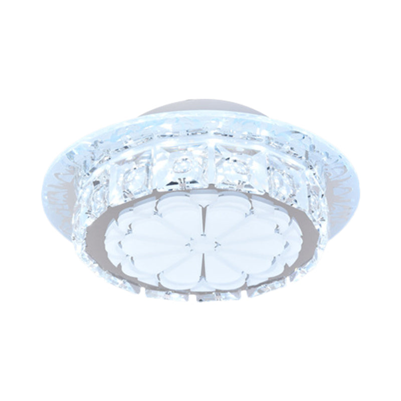 Simple Drum Clear Crystal Flush Mount Lighting With 5 Lights – White Acrylic Shade For Corridor
