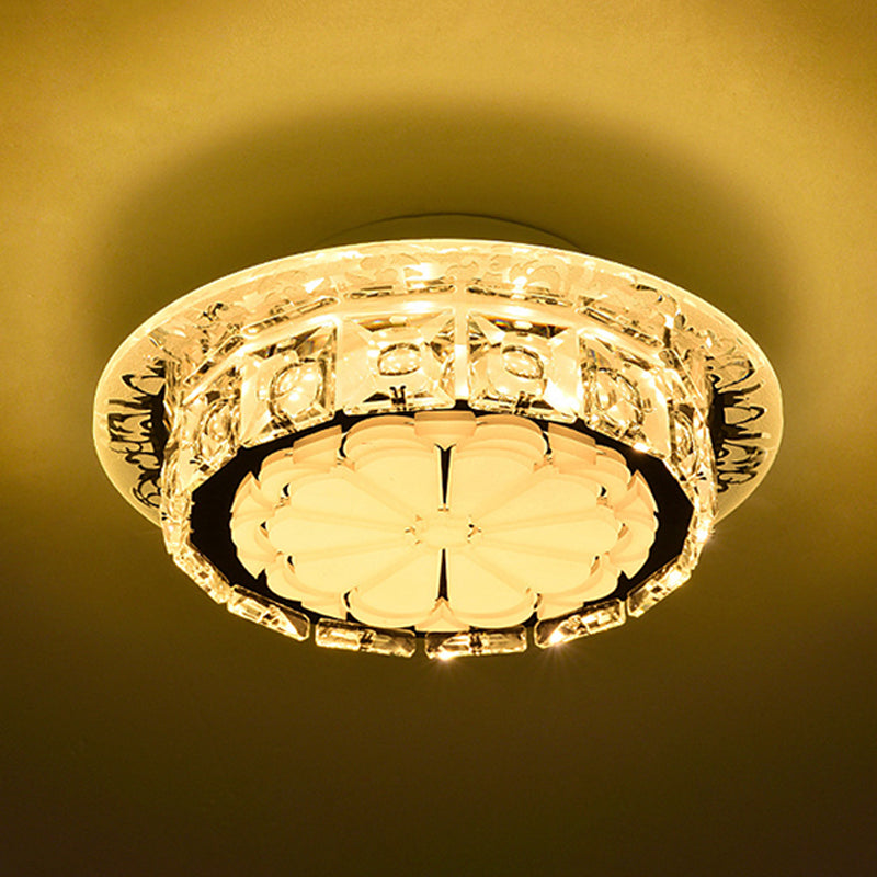 Simple Drum Clear Crystal Flush Mount Lighting With 5 Lights White Acrylic Shade For Corridor