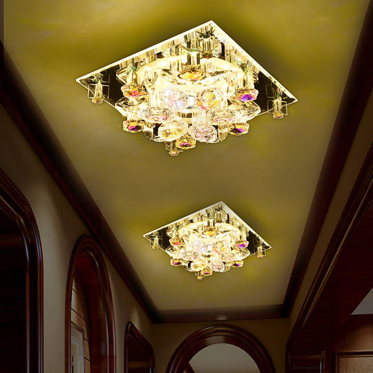 Clear Crystal 5-Light Flush Mount With Flower Shade - Minimal Design / Square Plate