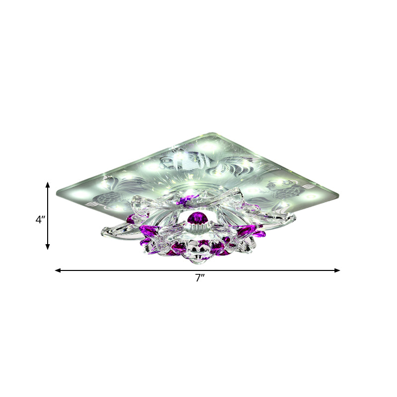 Minimal Clear Crystal Led Flush - Mount Porch Ceiling Lamp In Rose Red With Warm/White Light