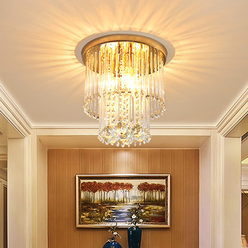 Flush Mount Clear Crystal Ceiling Light Fixture In Gold - Double Layered Cylinder Design With 2