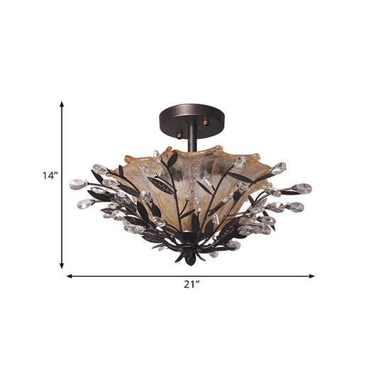 Modern Black Flared Semi-Flush Mount Ceiling Light With Amber Glass And Crystal Branch Accent – 2