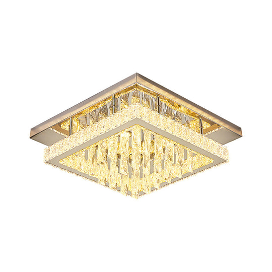 Modern Led Flush Mount Ceiling Light - Chrome Square Frame With Clear Crystal & Waterfall Design