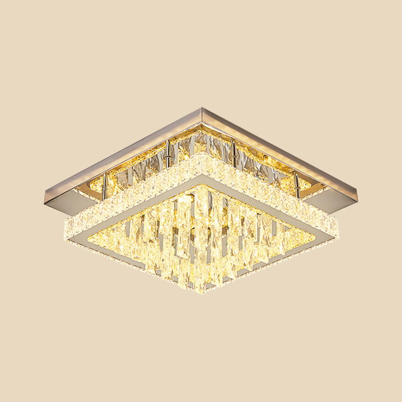 Modern Led Flush Mount Ceiling Light - Chrome Square Frame With Clear Crystal & Waterfall Design