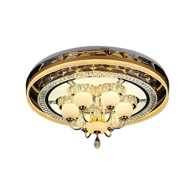 Gold Led Crystal Flush Mount Ceiling Light With Remote Dimming And Opal Shade.