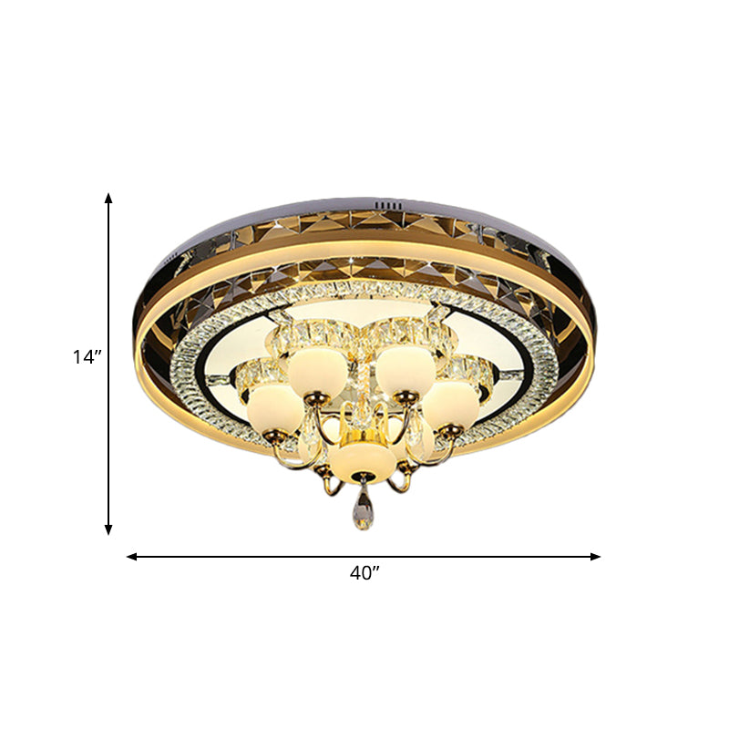 Gold Led Crystal Flush Mount Ceiling Light With Remote Dimming And Opal Shade.