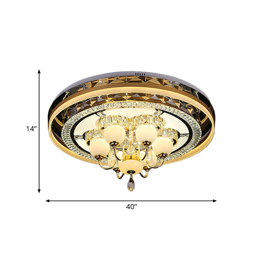 Gold Led Crystal Flush Mount Ceiling Light With Remote Dimming And Opal Shade.