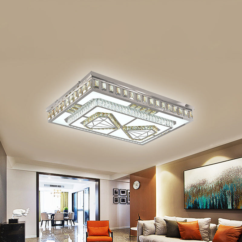 Modern Led Crystal Flush Mount Ceiling Light In Chrome With Diamond Design
