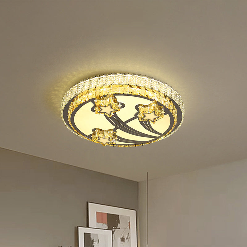 Simple Style 2 - Tier Round Led Flush Ceiling Light With White Faceted Crystal Star Design