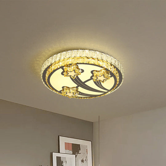 Simple Style 2 - Tier Round Led Flush Ceiling Light With White Faceted Crystal Star Design