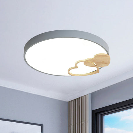 Nordic Led Acrylic Drum Flush Mount Ceiling Light With Heart Decor In Gray/White/Green Grey