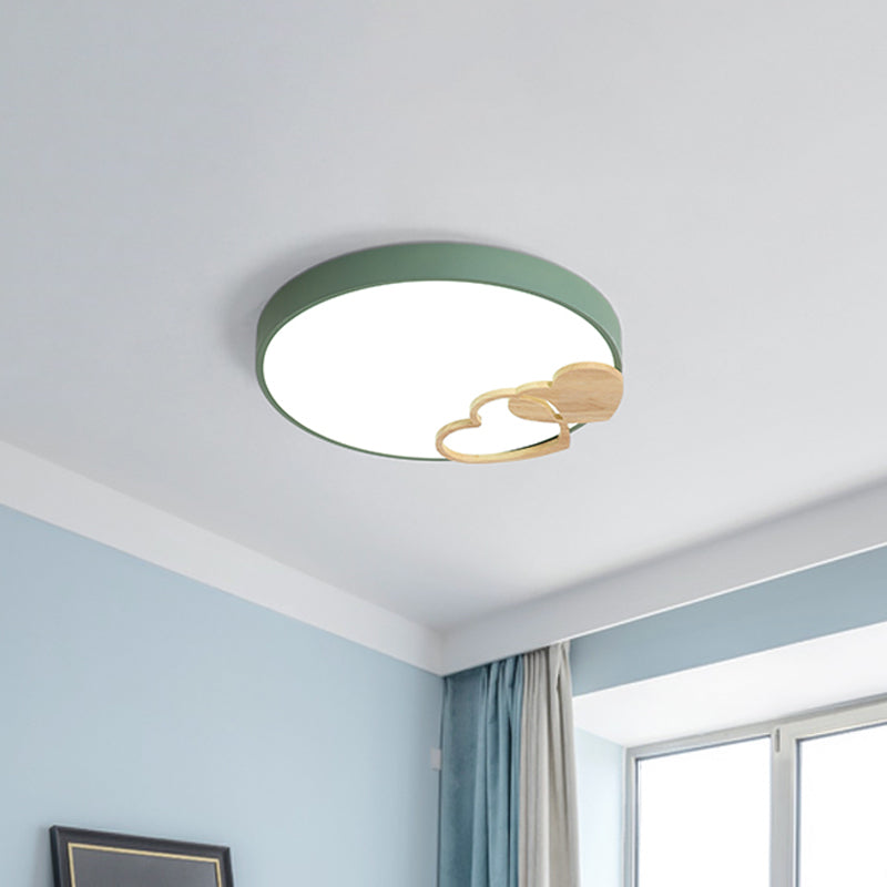 Nordic Led Acrylic Drum Flush Mount Ceiling Light With Heart Decor In Gray/White/Green