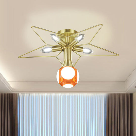 Modern Semi - Flush Mount Ceiling Lamp - 6 Bulbs Metal Shade White/Red Star Design Bedroom Lighting