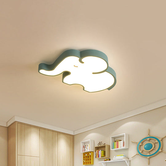 Nordic Led Flush Mount Ceiling Lamp With Elephant Acrylic Shade In Blue/White For Bedroom