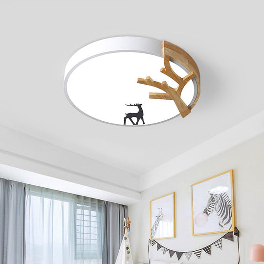 Contemporary Led Acrylic Drum Flush Mount Lighting - Green/White/Gray Ceiling Light With Deer