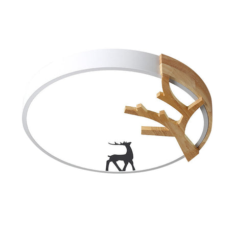 Contemporary Led Acrylic Drum Flush Mount Lighting - Green/White/Gray Ceiling Light With Deer