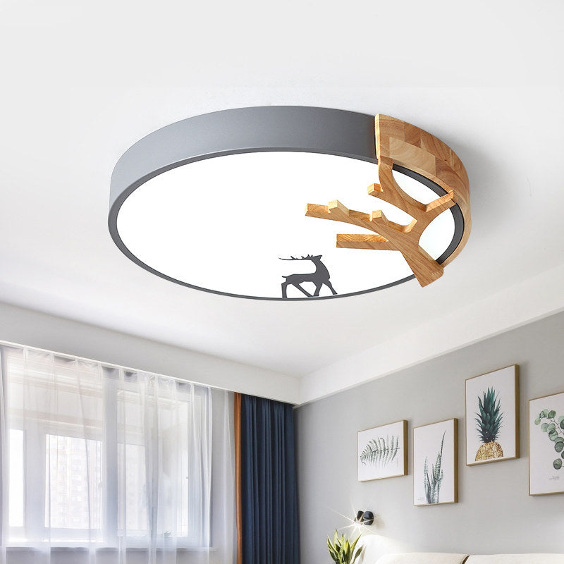 Contemporary Led Acrylic Drum Flush Mount Lighting - Green/White/Gray Ceiling Light With Deer