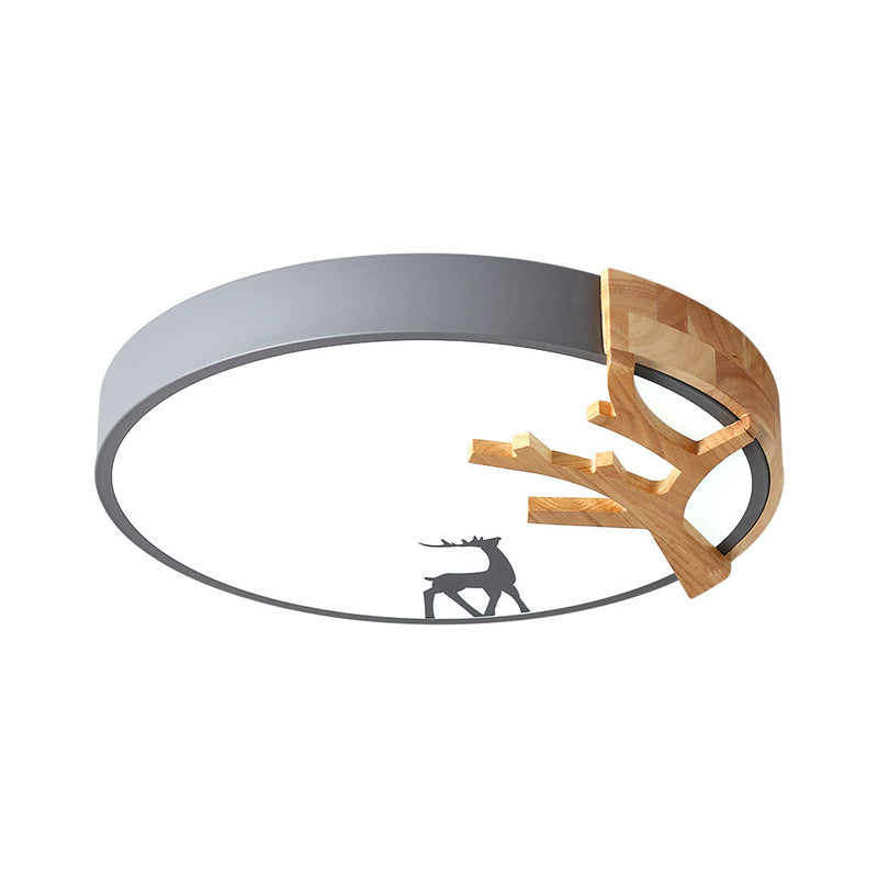 Contemporary Led Acrylic Drum Flush Mount Lighting - Green/White/Gray Ceiling Light With Deer