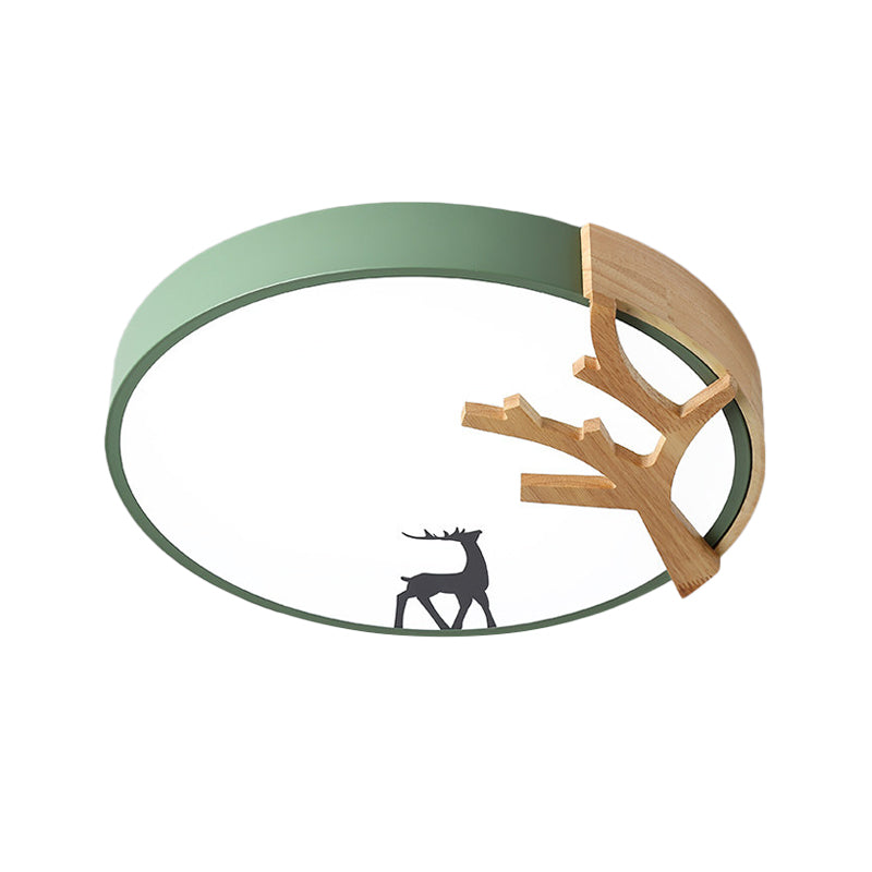 Contemporary Led Acrylic Drum Flush Mount Lighting - Green/White/Gray Ceiling Light With Deer