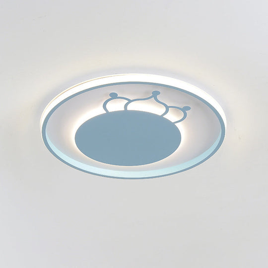 Kid Crown Led Flushmount Light In Pink/Blue - Ultra - Thin Bedroom Ceiling Fixture