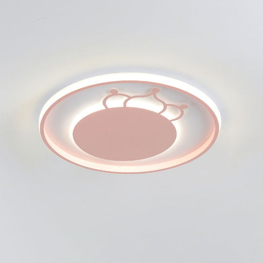 Kid Crown Led Flushmount Light In Pink/Blue - Ultra - Thin Bedroom Ceiling Fixture