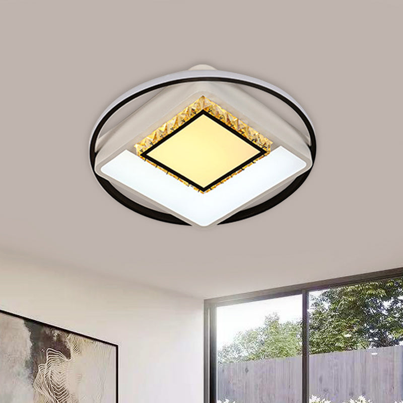 Childrens Square/Star/Heart Led Flush Mount Ceiling Light In Black-White With Crystal Accents