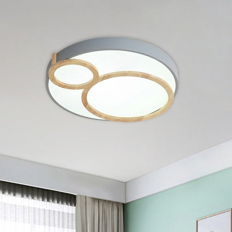 Macaron Acrylic Led Flush Mount Light Fixture With Wood Accent - White/Green/Grey