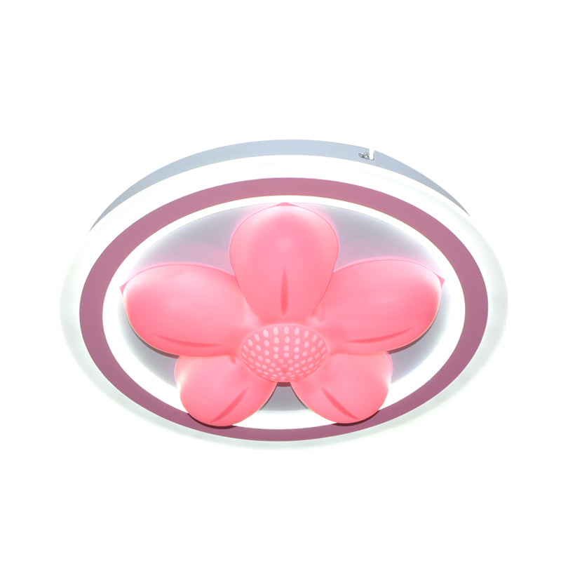 Cartoon Pink Led Flush Mount Ceiling Light With Acrylic Flower/Bear Shade For Bedrooms