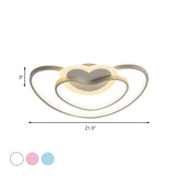 Nordic Led Ceiling Flush Light With Dual Loving Heart Frame In White Pink Or Blue Acrylic Shade