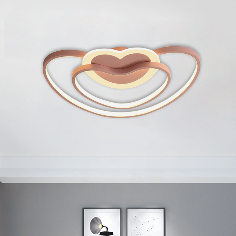 Nordic Led Ceiling Flush Light With Dual Loving Heart Frame In White Pink Or Blue Acrylic Shade